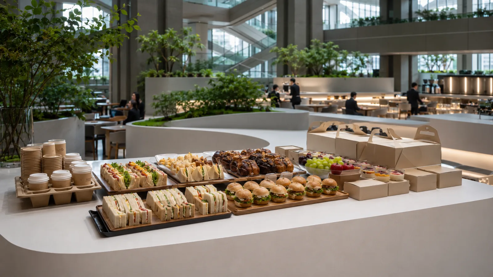 Coffee carriers and packed meeting food on the Atrium Café counter.
