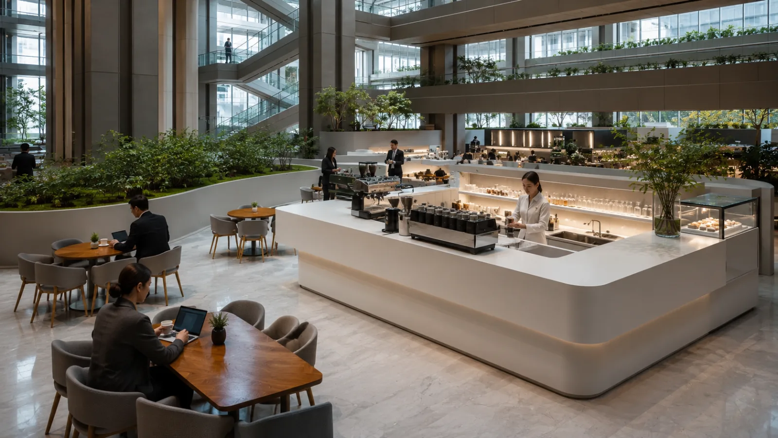 The Atrium Café counter inside the double-height ground-floor atrium of the Continuum HQ tower.