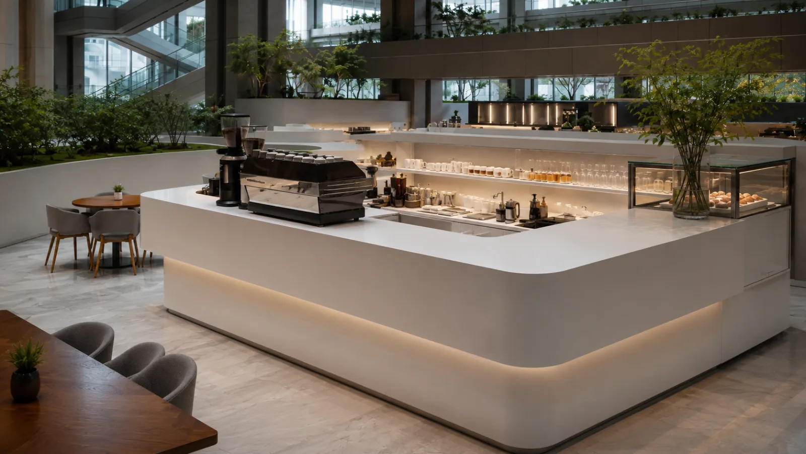 The espresso counter and pastry case at Atrium Café.