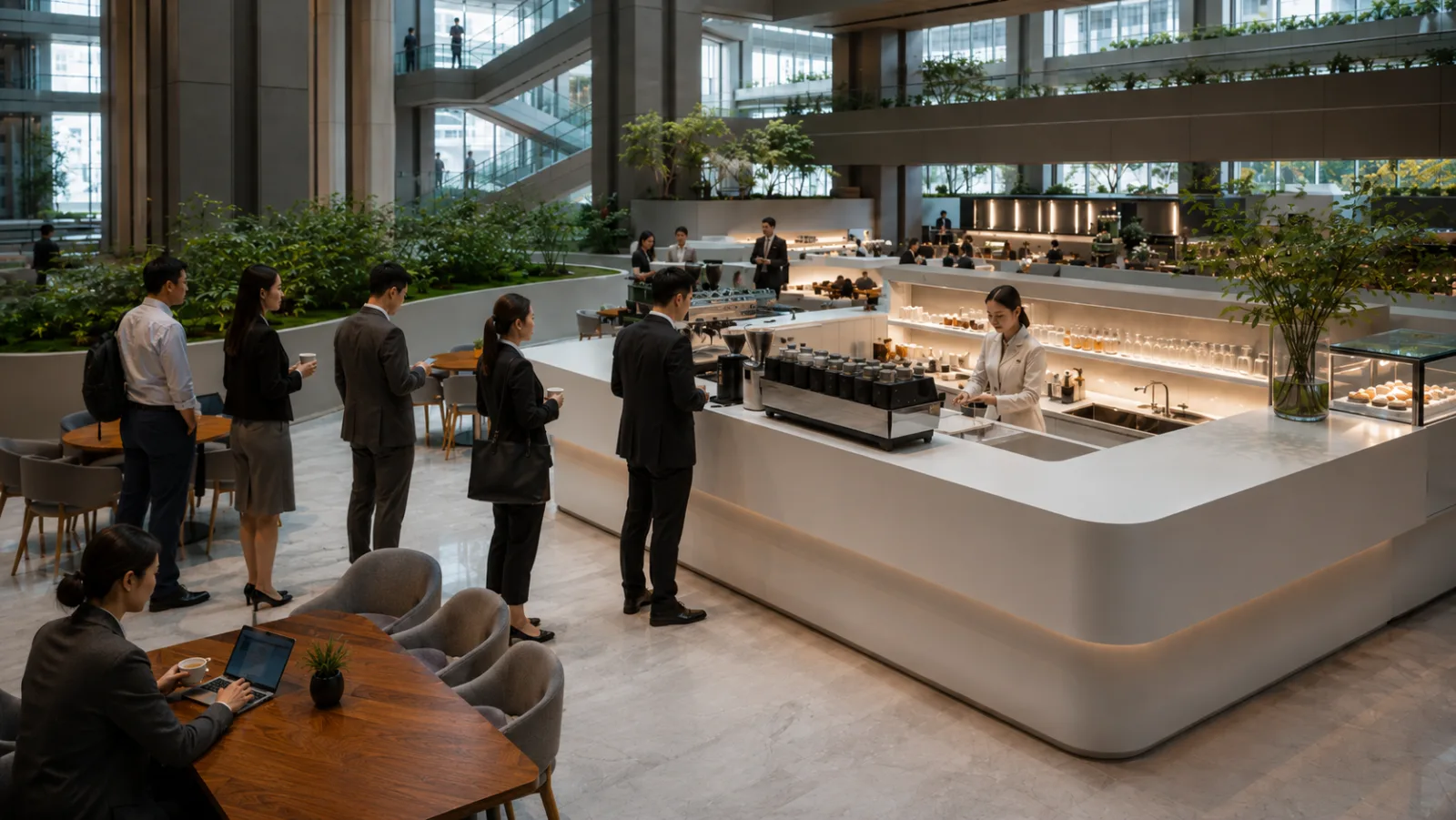 The morning queue moving through the Atrium Café at the base of the Continuum HQ tower.
