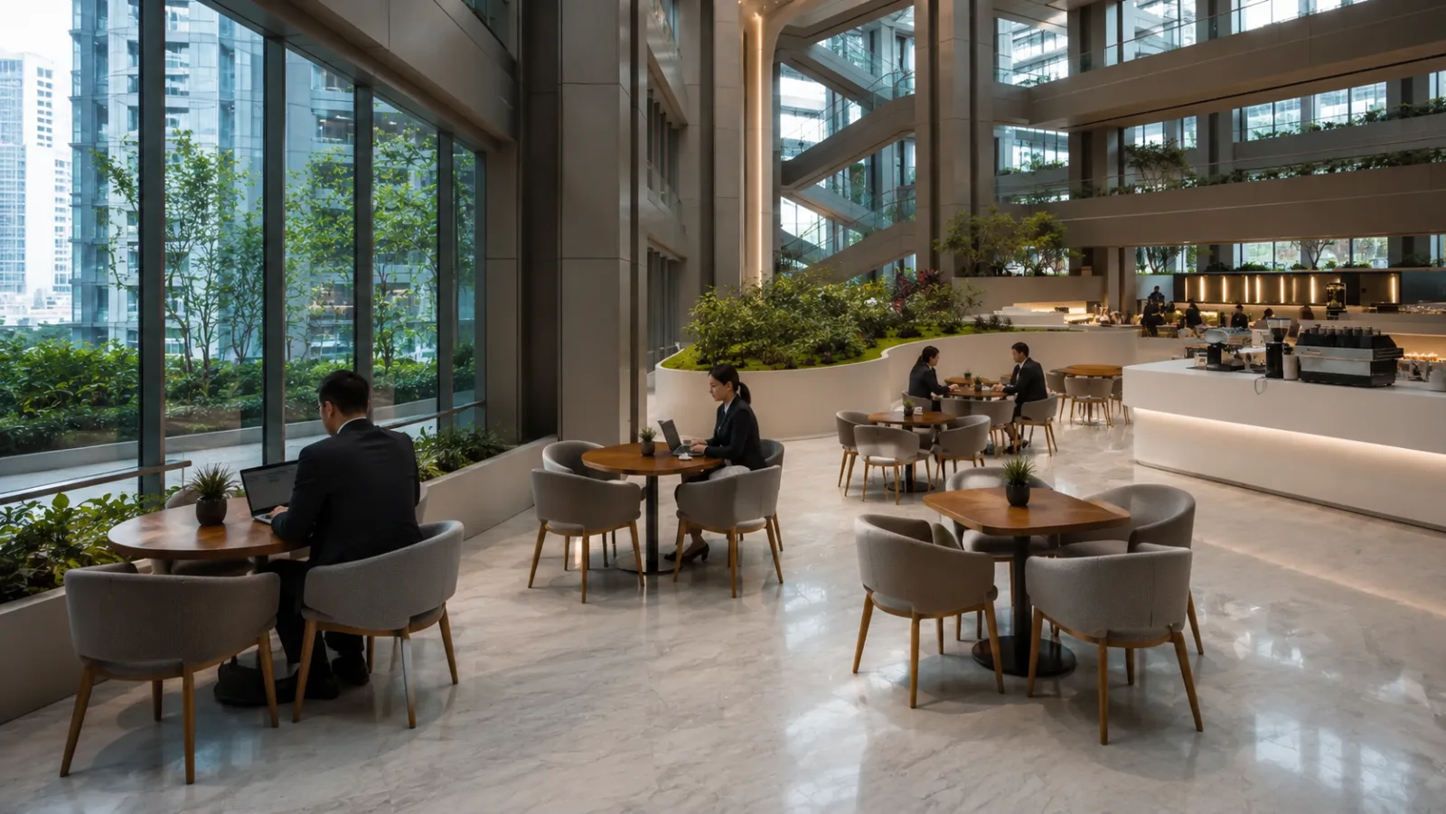 Window-side tables in the ground-floor atrium of the Continuum HQ tower.